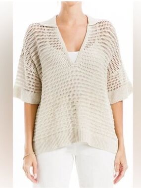 Max Studio Light Beige Open-Knit V-Neck Sweater Oversized- Women